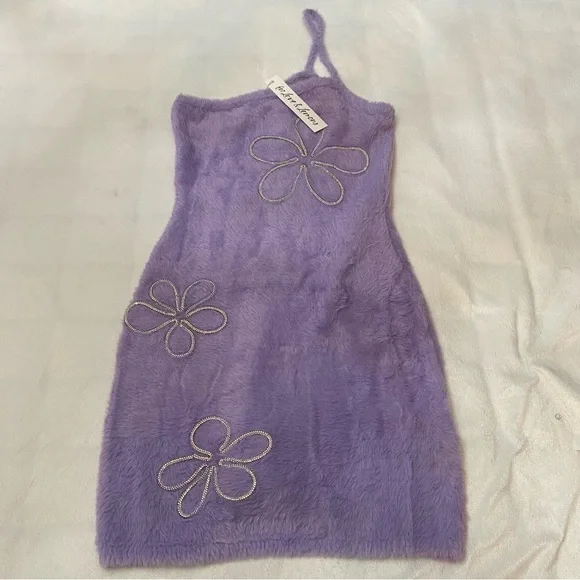 New! For Love And Lemons Finley Purple rhinestone fur Mini Dress 2615 - Picture 12 of 16